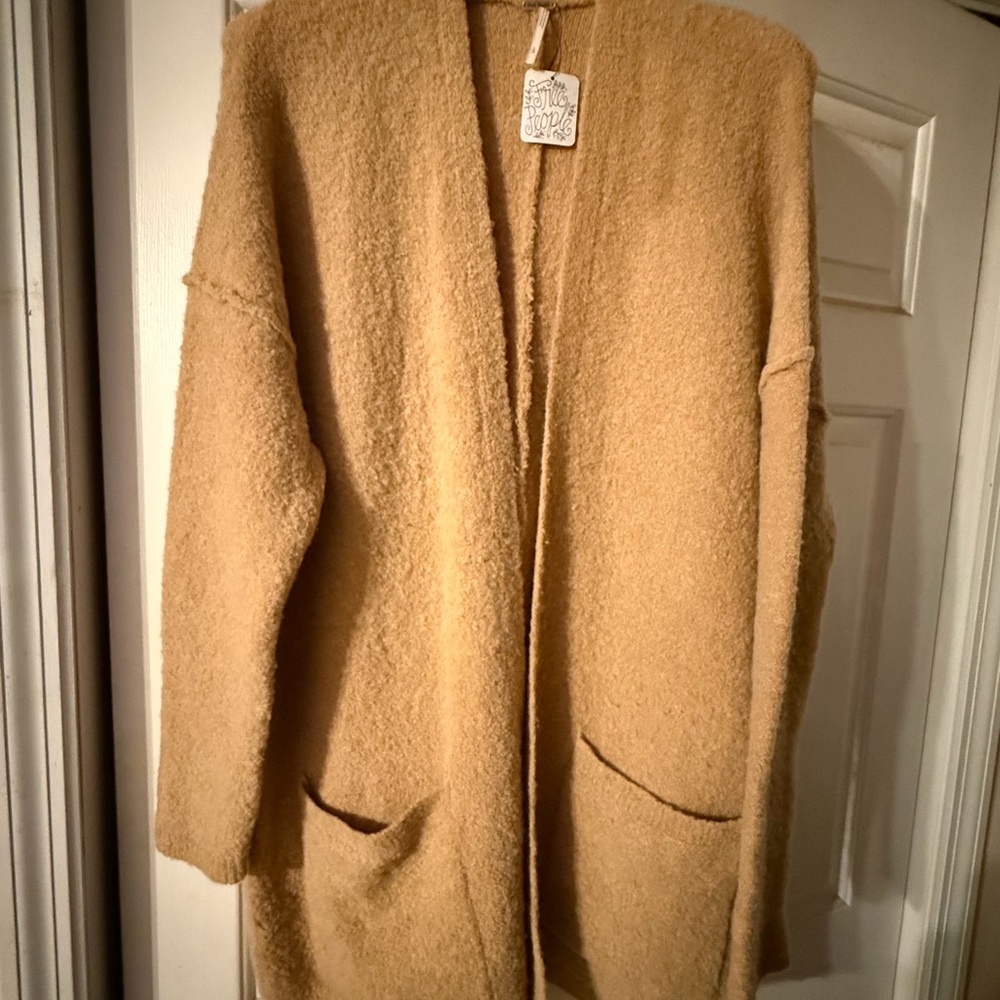 Free People Camel Teddy Knit Open Front Cardigan Coat